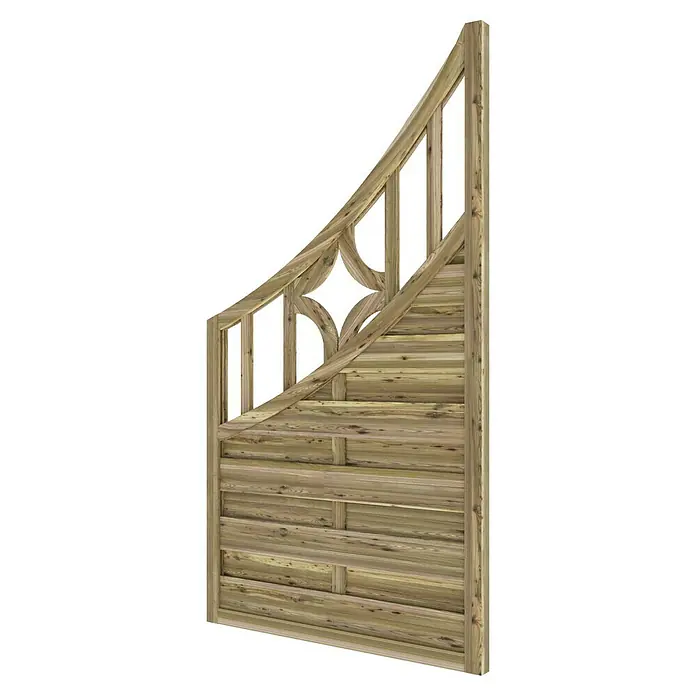 T & J Sichtschutzelement Olymp - 90 x 90/160 cm, Braun - Detailaufnahme eines Holzzauns mit einem stilvollen, geschwungenen Design und horizontalen Holzlatten, ideal für Garten und Grundstück.