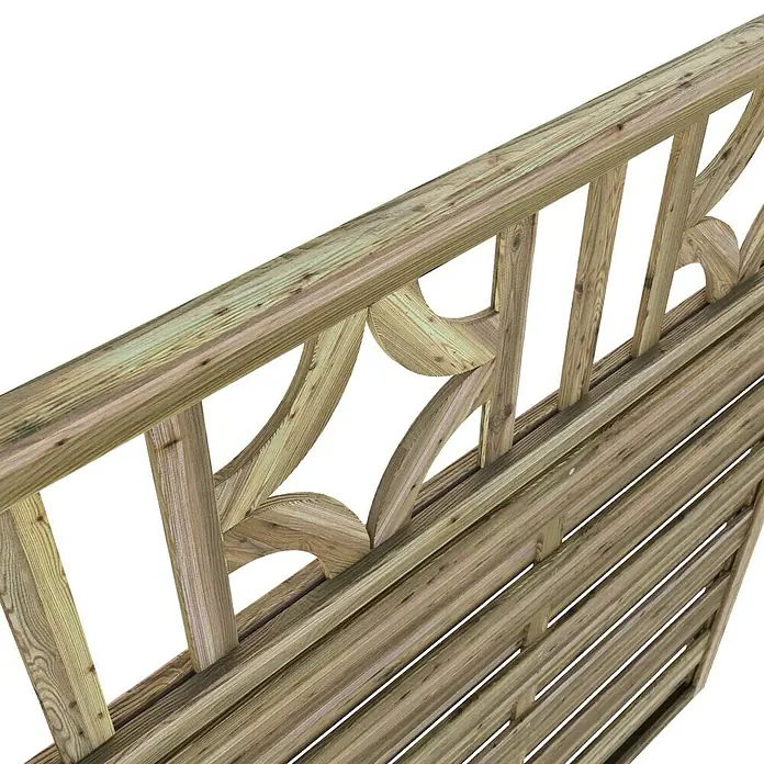 T & J Sichtschutzelement Olymp - B x H: 180 x 150 cm, Braun - Detailansicht eines dekorativen Holzzauns mit aufwendigen Ausschnitten und horizontalen Brettern, die eine natürliche Ästhetik ausstrahlen.