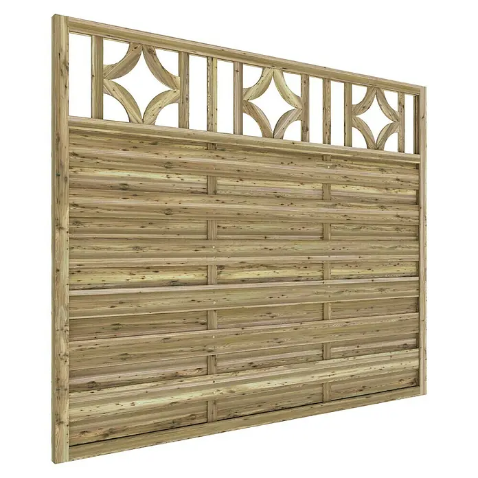 T & J Sichtschutzelement Olymp - B x H: 180 x 150 cm, Braun - Dieses Bild zeigt einen Holzzaun mit einem dekorativen Oberteil und horizontalen Brettern. Der Zaun ist naturbelassen und hat eine schöne Holzstruktur.