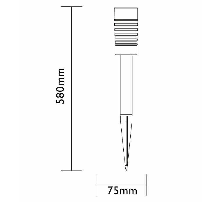 Luxform Solar-Erdspieß Torino - L x B x H: 7,5 x 7,5 x 58 cm, Silber, 8 lm - Abbildung eines Gartenstrahlers mit Erdspieß, Maße 580 mm hoch und 75 mm breit.