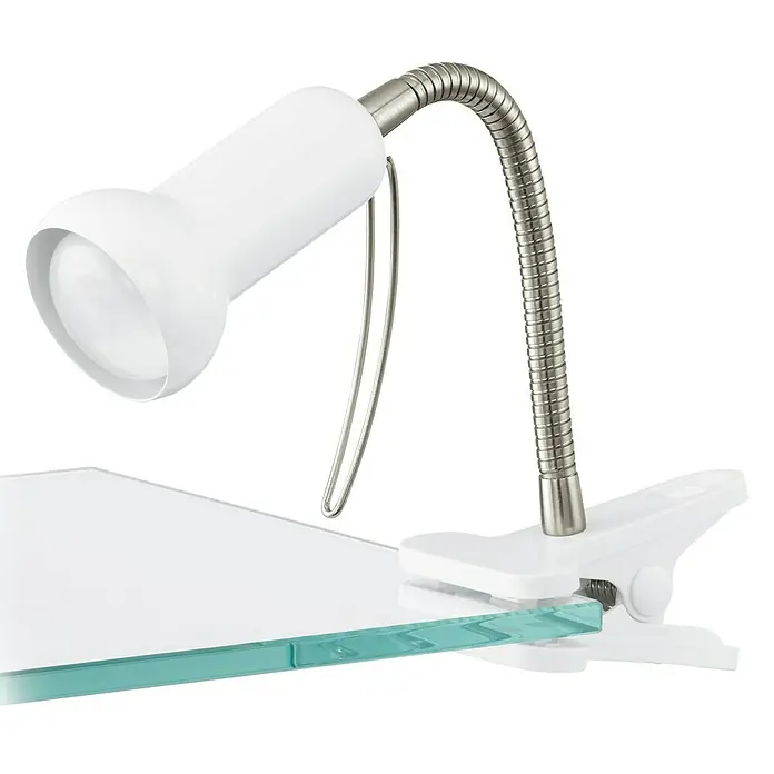 Eglo Klemmleuchte Fabio - 40 W, Farbe Gehäuse: Weiß - Nahaufnahme einer weißen Schreibtischlampe mit Klemme und flexiblem Hals, die auf einer Glasplatte befestigt ist.