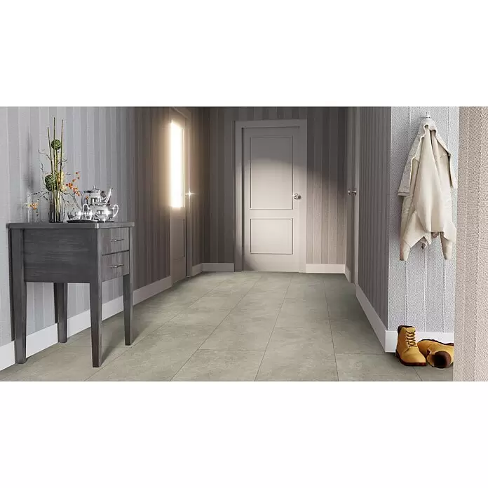 b!design Vinylboden SPC - Amalfi, Fliese, 800 x 400 x 5 mm - Heller, rechteckiger Fliesenboden in Steinstruktur, der einen sauberen, modernen Look in einem Flur schafft.