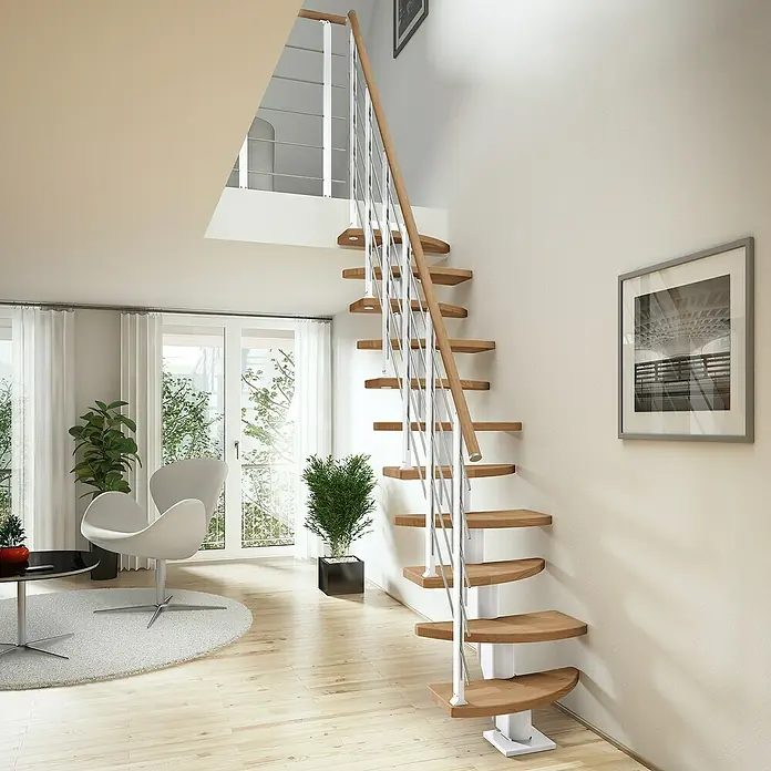 Dolle Mittelholmtreppe Berlin - Breite: 64 cm, Variabel, Weiß, Farbe Stufen: Eiche Natur, Geschosshöhe: 259 cm - 315 cm - Ein elegantes Treppenhaus mit einer freitragenden Holztreppe und einem filigranen Geländer aus Edelstahl. Ein moderner Akzent für jedes Zuhause.