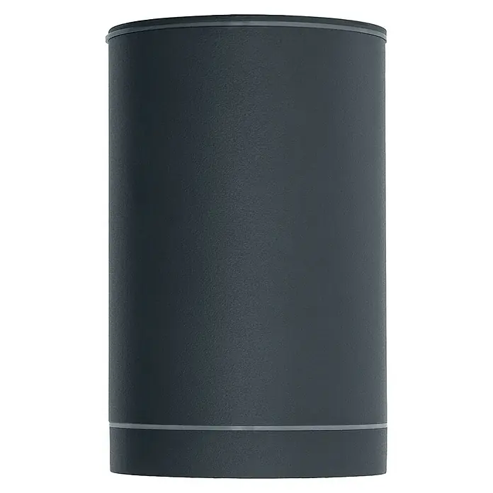 Ledvance Außenwandleuchte - L x B x H: 10,4 x 9,2 x 14,6 cm, Hohe Flexibilität bei der Wahl des Leuchtmittels dank GU10-Fassung, Aluminium, Dunkelgrau, GU10 - Nahaufnahme einer zylindrischen Wandleuchte in Anthrazit, die ein modernes und minimalistisches Design für den Außenbereich zeigt.