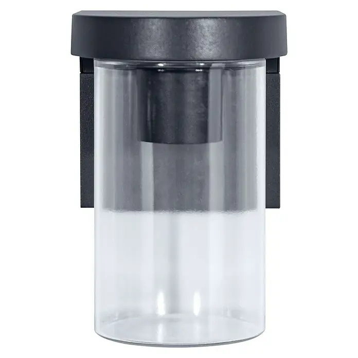 Osram Außenwandleuchte Endura Cascade Wall - 16 x 12 x 18 cm, Dunkelgrau, IP44 - Nahaufnahme einer modernen Außenwandleuchte mit zylindrischem Glasdiffusor und dunklem Metallrahmen für stilvolle Beleuchtung.