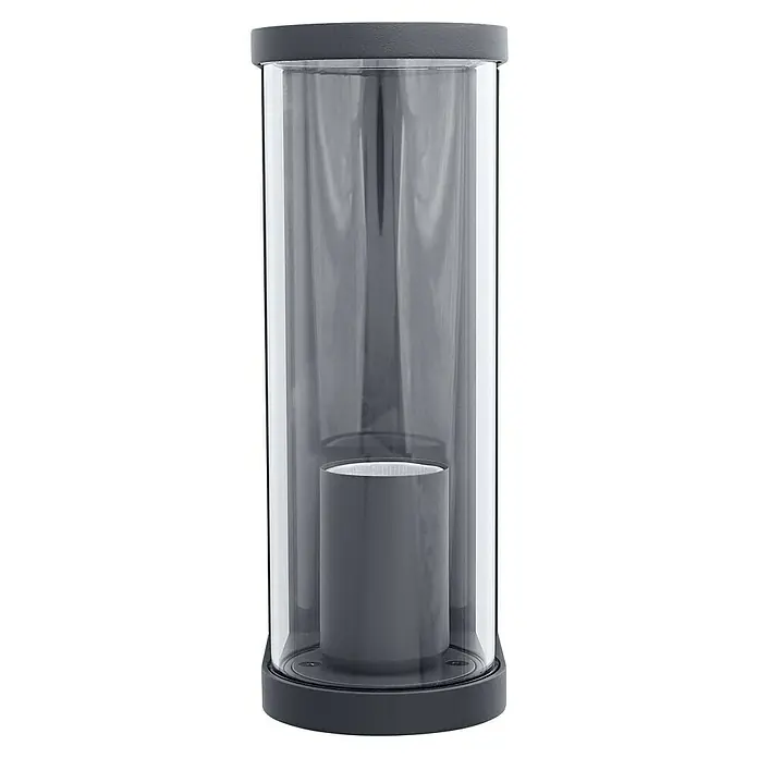 Ledvance Außenwandleuchte Endura Tbular - 11,7 x 8,2 x 22,2 cm, Dunkelgrau, IP44 - Eine graue Kerzenlaterne mit einem zylindrischen Glasbehälter und einem grauen Kerzenhalter im Inneren, ideal für stimmungsvolle Beleuchtung.