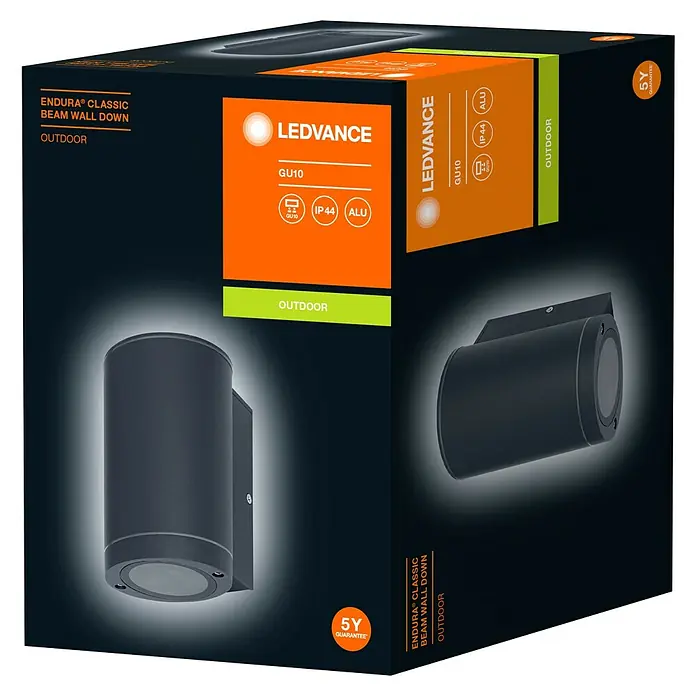 Ledvance Außenwandleuchte - L x B x H: 10,4 x 9,2 x 14,6 cm, Hohe Flexibilität bei der Wahl des Leuchtmittels dank GU10-Fassung, Aluminium, Dunkelgrau, GU10 - Verpackung der LEDVANCE Endura Classic Beam Wandleuchte für den Außenbereich mit 5 Jahren Garantie, GU10, IP44 und Aluminiumgehäuse.