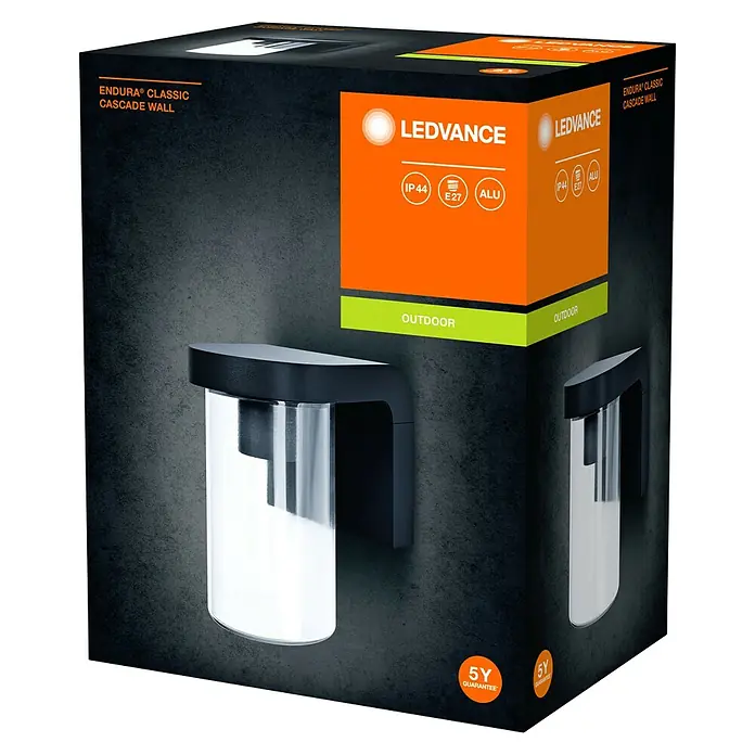 Osram Außenwandleuchte Endura Cascade Wall - 16 x 12 x 18 cm, Dunkelgrau, IP44 - Verpackung der LEDVANCE Endura Classic Cascade Wandleuchte für den Außenbereich mit 5 Jahren Garantie.