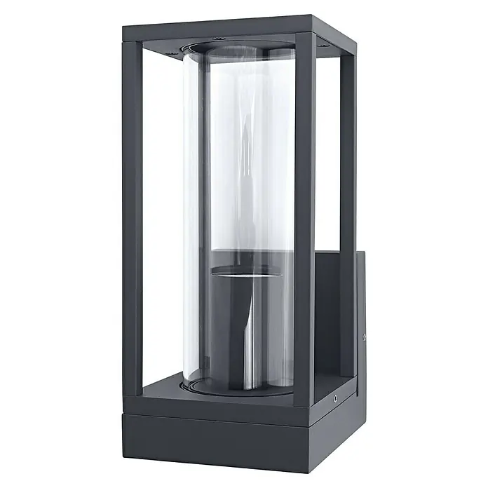 Ledvance Außenwandleuchte Endura Frame Wall - 14 x 11 x 24,5 cm, Dunkelgrau, IP44 - Nahaufnahme einer modernen grauen Außenwandleuchte mit einem klaren zylindrischen Glasschirm, der eine elegante Beleuchtungslösung bietet.