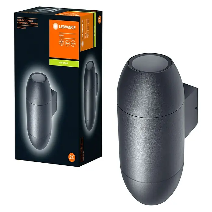 Ledvance Außenwandleuchte Endura Cannon Wall - 10,5 x 7,5 x 18 cm, Dunkelgrau, IP44 - Das LEDVANCE Endura Classic Cannon Wand Up/Down Licht für den Außenbereich neben seiner Verpackung.