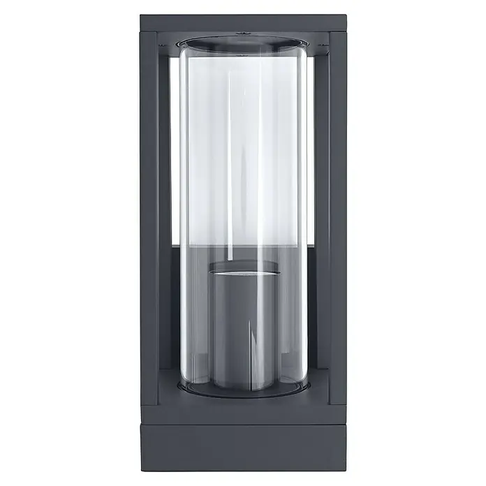 Ledvance Außenwandleuchte Endura Frame Wall - 14 x 11 x 24,5 cm, Dunkelgrau, IP44 - Nahaufnahme einer grauen Lampe mit einem transparenten zylindrischen Lampenschirm, der ein modernes und elegantes Design hervorhebt.