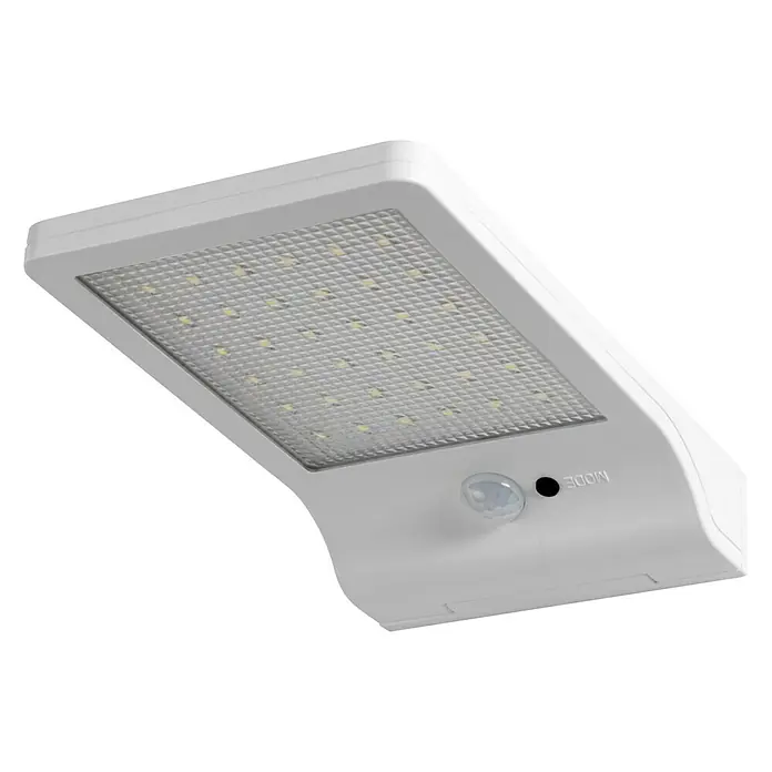 Osram Solar-Außenwandleuchte Basic - 3 W, L x B x H: 19,2 x 11 x 3 cm, Weiß, IP44, 320 lm - Nahaufnahme einer weißen LED-Solarleuchte mit Bewegungssensor und Gittermuster auf schwarzem Hintergrund.