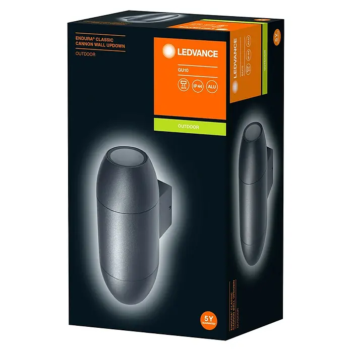Ledvance Außenwandleuchte Endura Cannon Wall - 10,5 x 7,5 x 18 cm, Dunkelgrau, IP44 - Nahaufnahme der Verpackung der LEDVANCE Endura Classic Cannon Wandleuchte für den Außenbereich mit GU10 Fassung.
