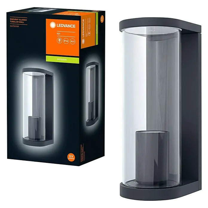 Ledvance Außenwandleuchte Endura Tbular - 11,7 x 8,2 x 22,2 cm, Dunkelgrau, IP44 - LEDVANCE Endura Classic Tubular Wandleuchte für den Außenbereich mit klarem Glaszylinder und modernem Design, neben der Produktverpackung.