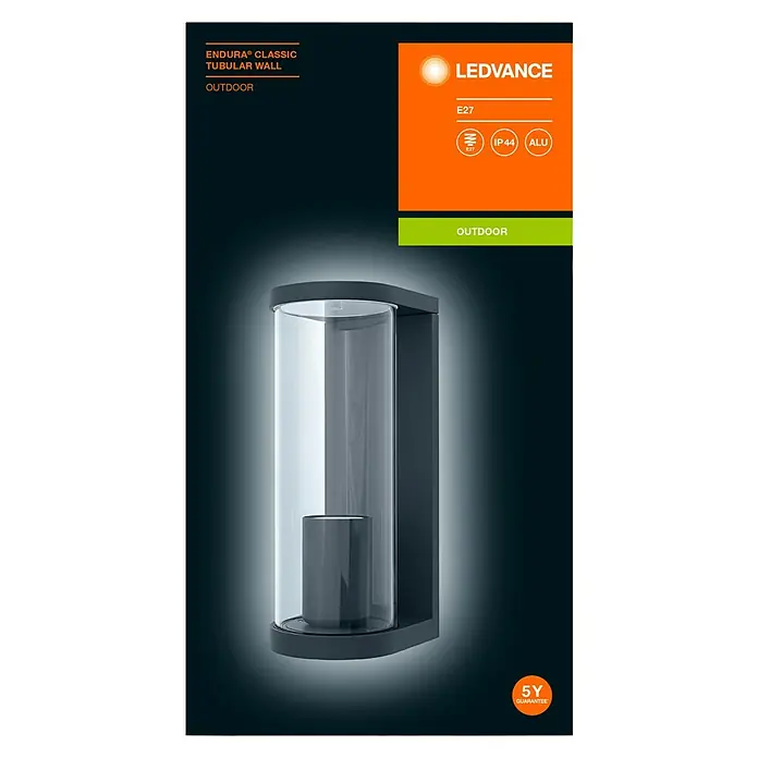 Ledvance Außenwandleuchte Endura Tbular - 11,7 x 8,2 x 22,2 cm, Dunkelgrau, IP44 - Bild einer LEDVANCE Endura Classic Tubular Wandleuchte für den Außenbereich mit E27 Fassung, IP44 Schutz und Aluminiumgehäuse.\n