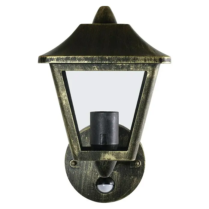 Osram Sensor-Außenleuchte Endura - L x B x H: 23 x 17 x 28 cm, IP44 - Nahaufnahme einer klassischen Außenwandleuchte in Gold und Schwarz mit Bewegungsmelder für den Außenbereich.