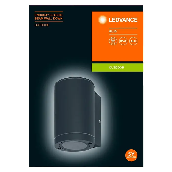 Ledvance Außenwandleuchte - L x B x H: 10,4 x 9,2 x 14,6 cm, Hohe Flexibilität bei der Wahl des Leuchtmittels dank GU10-Fassung, Aluminium, Dunkelgrau, GU10 - Abbildung einer LEDVANCE Endura Classic Beam Wandleuchte für den Außenbereich mit GU10 Fassung, IP44 Schutz und 5 Jahren Garantie.