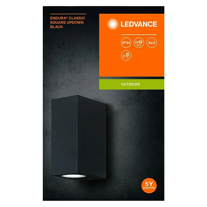 Ledvance Außenwandleuchte Endura Square - 35 W, 6,8 x 15 x 9,2 cm, Schwarz, IP44 - Abbildung einer schwarzen ENDURA® CLASSIC SQUARE UPDOWN Außenleuchte von LEDVANCE, die modernes Design und Funktionalität vereint.