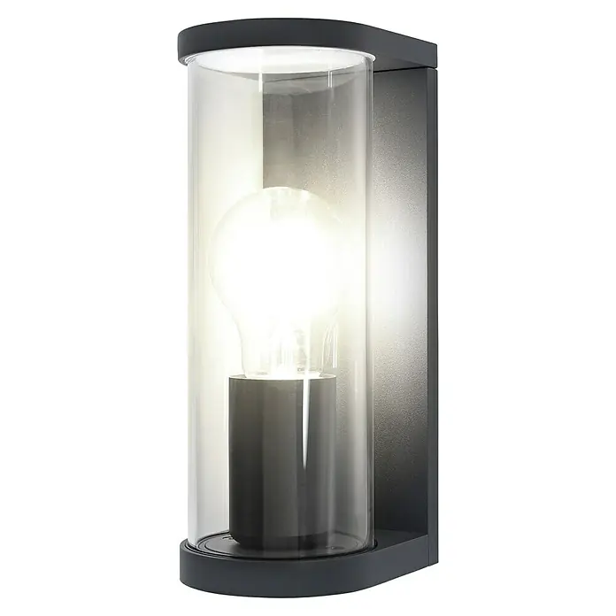 Ledvance Außenwandleuchte Endura Tbular - 11,7 x 8,2 x 22,2 cm, Dunkelgrau, IP44 - Nahaufnahme einer modernen Außenwandleuchte mit klarem Glaszylinder und stilvollem Design.