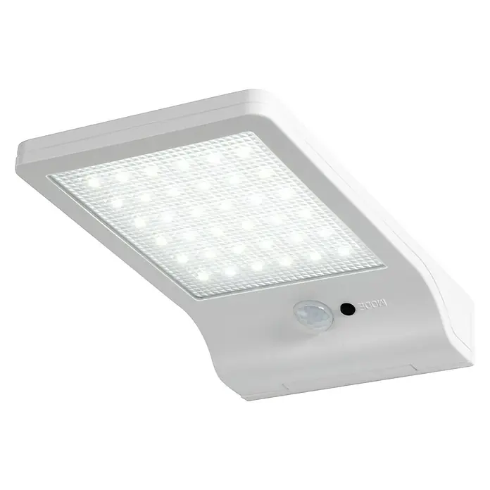 Ledvance LED-Solar-AußenwandleuchteBewegungsmelder, 3 W, Acrylnitril-Butadien-Styrol-Copolymer (ABS), Neutralweiß, Weiß - Nahaufnahme einer weißen, rechteckigen LED-Solarleuchte für den Außenbereich mit Bewegungssensor.