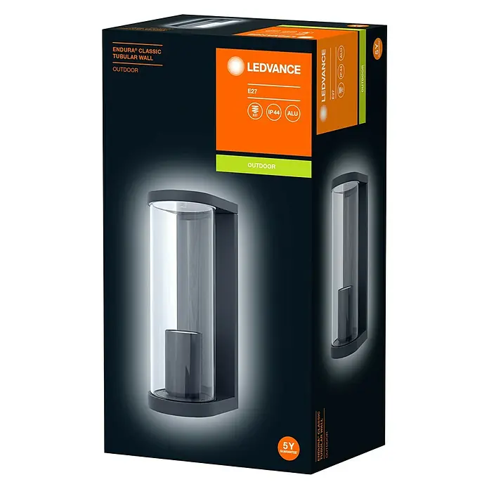 Ledvance Außenwandleuchte Endura Tbular - 11,7 x 8,2 x 22,2 cm, Dunkelgrau, IP44 - Produktverpackung der LEDVANCE Endura Classic Tubular Wandleuchte für den Außenbereich, mit E27-Fassung und IP44-Schutz.