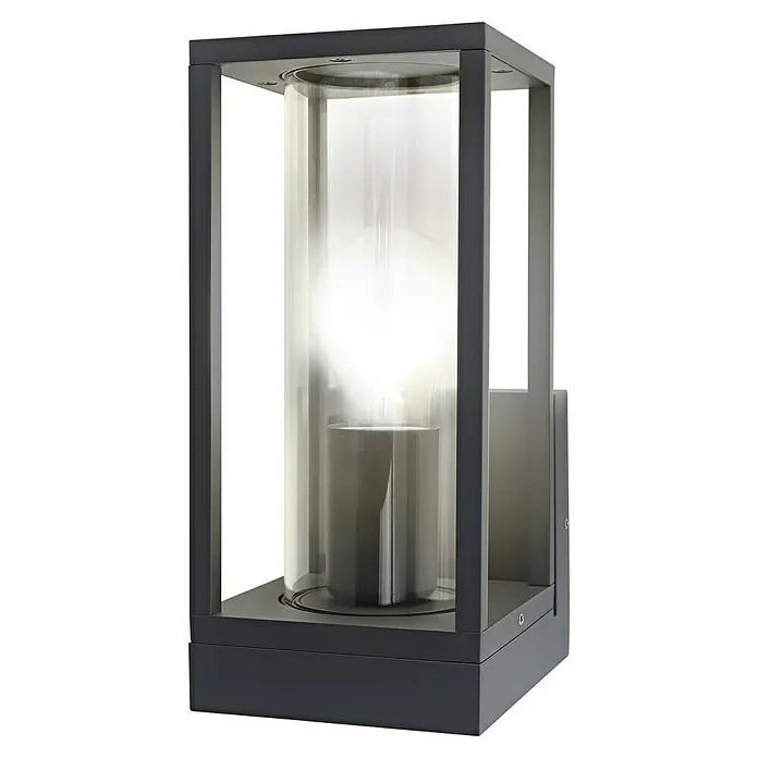 Ledvance Außenwandleuchte Endura Frame Wall - 14 x 11 x 24,5 cm, Dunkelgrau, IP44 - Nahaufnahme einer modernen Außenwandleuchte. Das Design umfasst einen zylindrischen Glaskörper in einem grauen Metallrahmen.