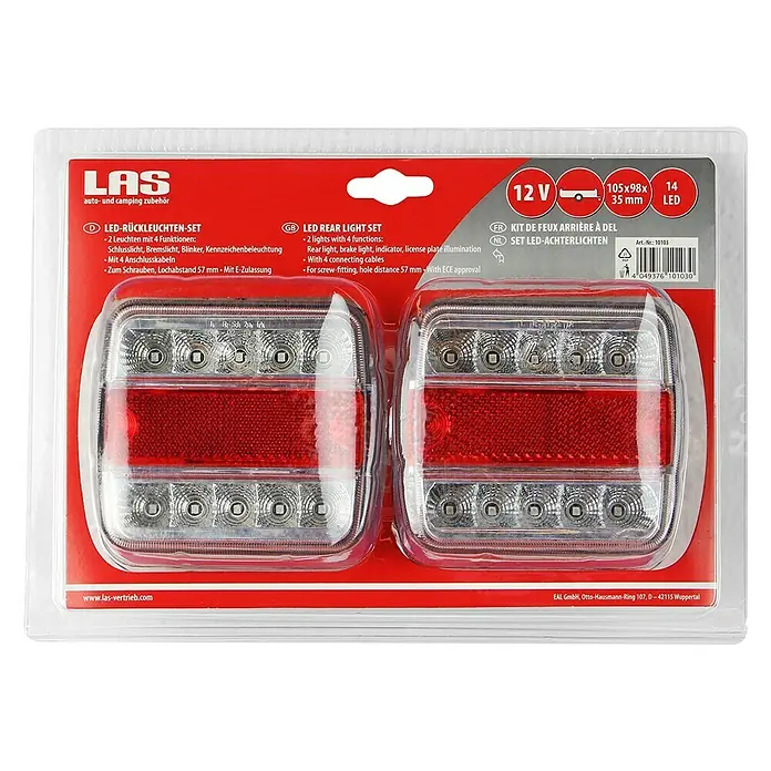 LAS LED-Rückleuchte - 2 Stk., Geeignet für: Anhänger - LED-Rückleuchten-Set: Dieses Set enthält zwei LED-Rücklichter mit vier Funktionen, Anschlusskabeln und E-Zulassung für den universellen Einsatz.