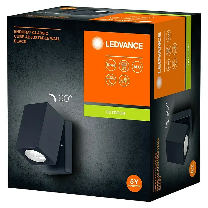 Ledvance Außenwandleuchte Endura Cube - 35 W, 6,6 x 9,3 x 10 cm, Schwarz, IP44 - Nahaufnahme der LEDVANCE Endura Classic Cube Wandleuchte in Schwarz, verpackt, mit Produktmerkmalen hervorgehoben.