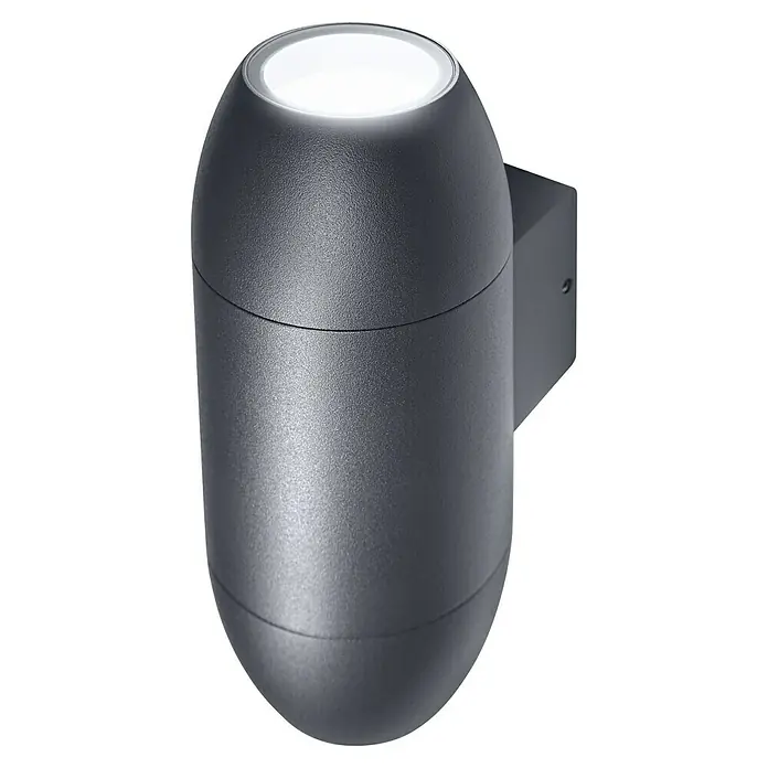 Ledvance Außenwandleuchte Endura Cannon Wall - 10,5 x 7,5 x 18 cm, Dunkelgrau, IP44 - Nahaufnahme einer modernen, grauen Wandleuchte mit einem hellen, runden Licht, ideal für Außenbereiche, die stilvolle Beleuchtung suchen.