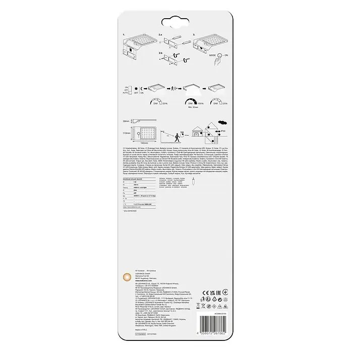 Osram Solar-Außenwandleuchte - 3 W, L x B x H: 19,2 x 11 x 3 cm, Silber, IP44, 320 lm - Abbildung der LEDVANCE Solarleuchte mit Montageanleitung und technischen Daten auf der Verpackung.