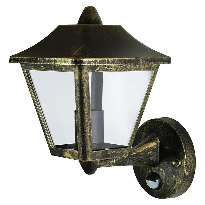 Osram Sensor-Außenleuchte Endura - L x B x H: 23 x 17 x 28 cm, IP44 - Nahaufnahme einer Wandleuchte im Vintage-Stil in Goldoptik mit Bewegungsmelder.