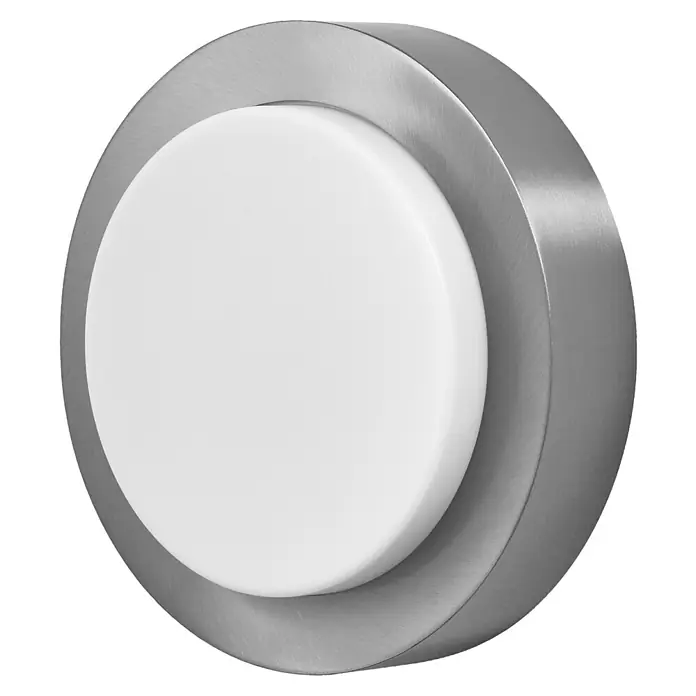 Osram LED-Außenwandleuchte Endura Disc Wall - 8 W, 20 x 20 x 6 cm, Silber, IP44 - Nahaufnahme einer runden Wandleuchte mit weißem Diffusor und gebürstetem Metallrahmen. Ideal für moderne Innenräume.