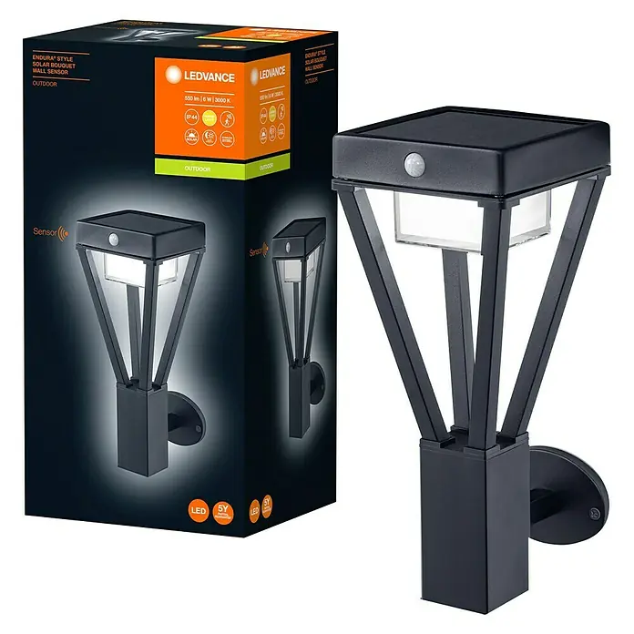 Ledvance Endura Sol Bouquet Solar-Außenwandleuchte - 6 W, L x B x H: 118 x 15 x 36,5 cm, Schwarz, IP44, 550 lm - LEDVANCE Endura Style Solar Bouquet Wandleuchte mit Sensor für den Außenbereich, modernes Design und energiesparende LED-Technologie.
