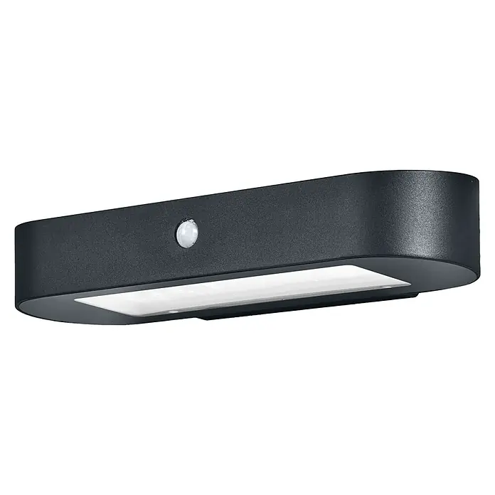 Ledvance Solar-Außenwandleuchte Endura Solar Oval Wall - 6 W, L x B x H: 34 x 12,5 x 6 cm, Schwarz, IP44, 540 lm - Nahaufnahme einer länglichen, schwarzen Außenleuchte mit Bewegungsmelder und integrierter LED für energiesparende Beleuchtung.