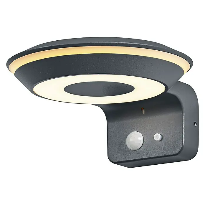 Ledvance Solar-Außenwandleuchte Endura Style Solar - 3,6 W, L x B x H: 16 x 17,7 x 8 cm, Dunkelgrau, IP44, 180 lm - Moderne graue Wandleuchte mit Bewegungsmelder und ringförmigem Lichtdesign für den Außenbereich.