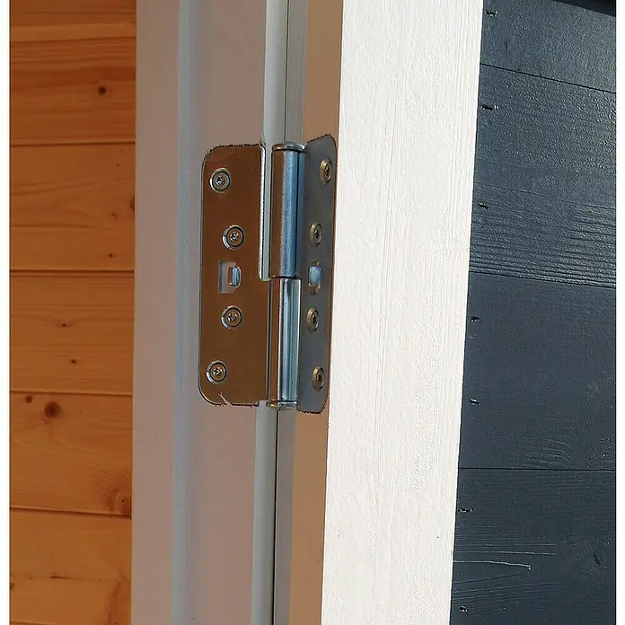 Bertilo Gerätehaus Woodline - Außenmaß inkl. Dachüberstand (B x T): 226 x 240 cm, Holz, Anthrazitgrau - Nahaufnahme eines Scharniers an einer Tür, das die Details der Metallkonstruktion und die Befestigung an der Holztür zeigt.