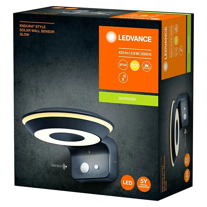 Ledvance Solar-Außenwandleuchte Endura Style Solar - 3,6 W, L x B x H: 16 x 17,7 x 8 cm, Dunkelgrau, IP44, 180 lm - Die Verpackung einer LEDVANCE Endura Style Solar Wandleuchte Glow mit Sensor.