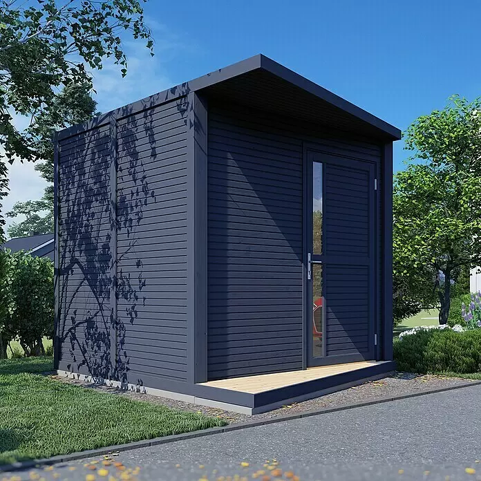 Bertilo Gerätehaus Concept Design - Außenmaß inkl. Dachüberstand (B x T): 237 x 310 cm, Holz, Anthrazit - Dunkelblauer Holz-Gartenraum mit kleiner Holzterrasse, eingebettet in einen grünen Garten unter blauem Himmel.