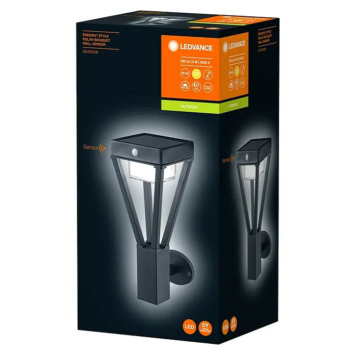 Ledvance Endura Sol Bouquet Solar-Außenwandleuchte - 6 W, L x B x H: 118 x 15 x 36,5 cm, Schwarz, IP44, 550 lm - Abbildung einer LEDVANCE Endura Style Solar Bouquet Wandleuchte mit Bewegungssensor in einer Produktverpackung.