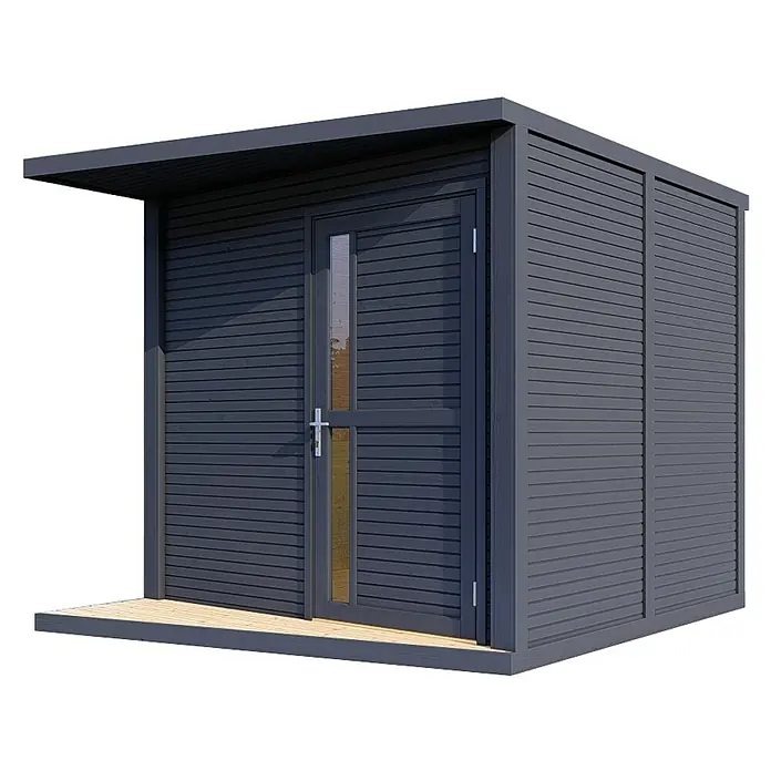 Bertilo Gerätehaus Concept Design - Außenmaß inkl. Dachüberstand (B x T): 237 x 310 cm, Holz, Anthrazit - Eine moderne, graue Gartenlaube mit einer Glastür und einem kleinen Vordach. Der Boden besteht aus hellen Holzbrettern.