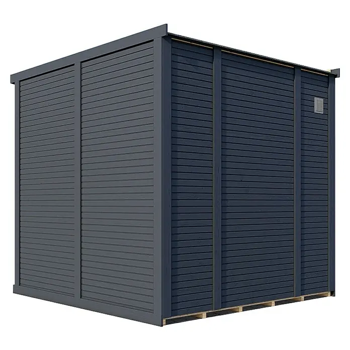 Bertilo Gerätehaus Concept Design - Außenmaß inkl. Dachüberstand (B x T): 237 x 310 cm, Holz, Anthrazit - Außenansicht eines modernen, dunkelgrauen Gartenhauses mit horizontaler Holzverkleidung und minimalistischem Design für den Außenbereich.