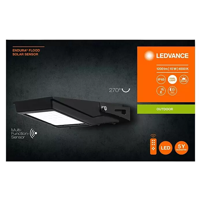 Ledvance Aplique solar para exterior Endura Flood - 10 W, L x An x Al: 19,4 x 6,7 x 31,3 cm, Negro, IP44, 1.200 lm - Foco solar LEDVANCE negro con sensor multifunción, ideal para exteriores. Cabezal ajustable 270°.
