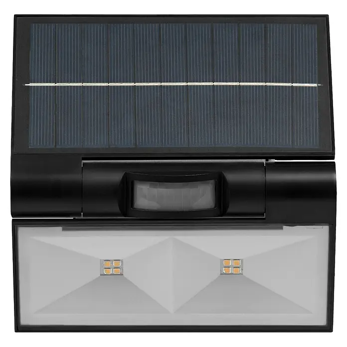 Osram Solar-Außenwandleuchte Endura Flood - 2,9 W, L x B x H: 16 x 11 x 17,2 cm, Dunkelgrau, IP44, 380 lm, Lichtfarbe: Warmweiß - Bild einer schwarzen Solar-LED-Leuchte mit Bewegungsmelder, ideal für den Außenbereich.