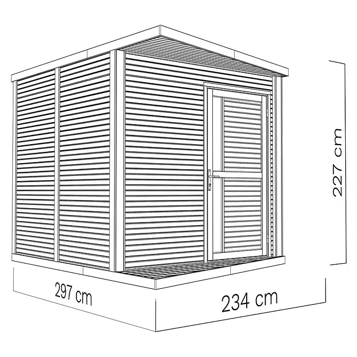 Bertilo Gerätehaus Concept Design - Außenmaß inkl. Dachüberstand (B x T): 237 x 310 cm, Holz, Anthrazit - Ansicht eines Gartenhauses mit den Maßen 297 cm x 234 cm und einer Höhe von 227 cm. Die Hütte ist aus Holz und hat ein Lamellendesign.