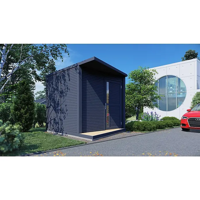 Bertilo Gerätehaus Concept Design - Außenmaß inkl. Dachüberstand (B x T): 237 x 310 cm, Holz, Anthrazit - Ein modernes Gartenhaus in dunklem Holz mit Flachdach, umgeben von Grün. Ein stilvoller Blickfang im Gartenbereich.