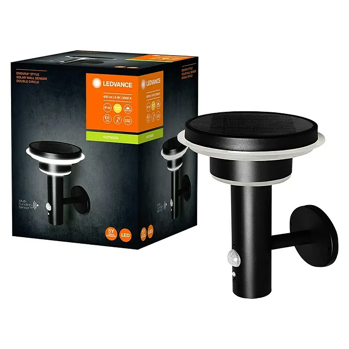 Ledvance Endura Sol Cirkle LED-Sensor-Außenwandleuchte - 6 W, L x B x H: 18,5 x 17,8 x 22 cm, Schwarz, Warmweiß - Abbildung einer LEDVANCE Endura Style Solar-Wandleuchte mit Bewegungssensor und Doppelkreis-Design, ideal für den Außenbereich.
