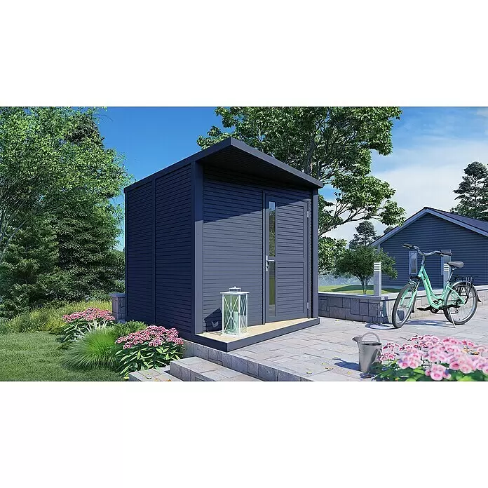 Bertilo Gerätehaus Concept Design - Außenmaß inkl. Dachüberstand (B x T): 237 x 310 cm, Holz, Anthrazit - Dunkelblauer Gartenschuppen mit Pultdach und einer Tür mit Fenster, in einem üppigen Garten gelegen.