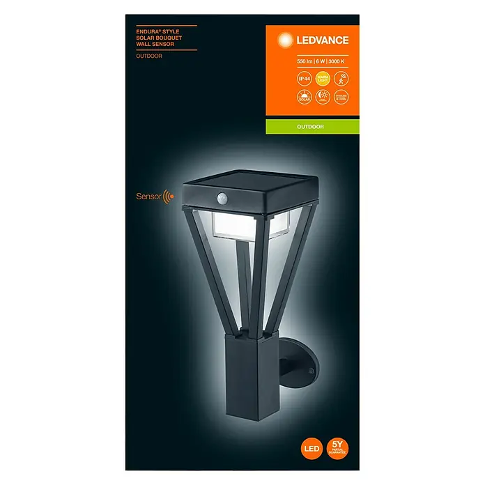 Ledvance Endura Sol Bouquet Solar-Außenwandleuchte - 6 W, L x B x H: 118 x 15 x 36,5 cm, Schwarz, IP44, 550 lm - Abbildung einer LEDVANCE Endura Style Solar Bouquet Wandleuchte mit Sensor, ideal für den Außenbereich.