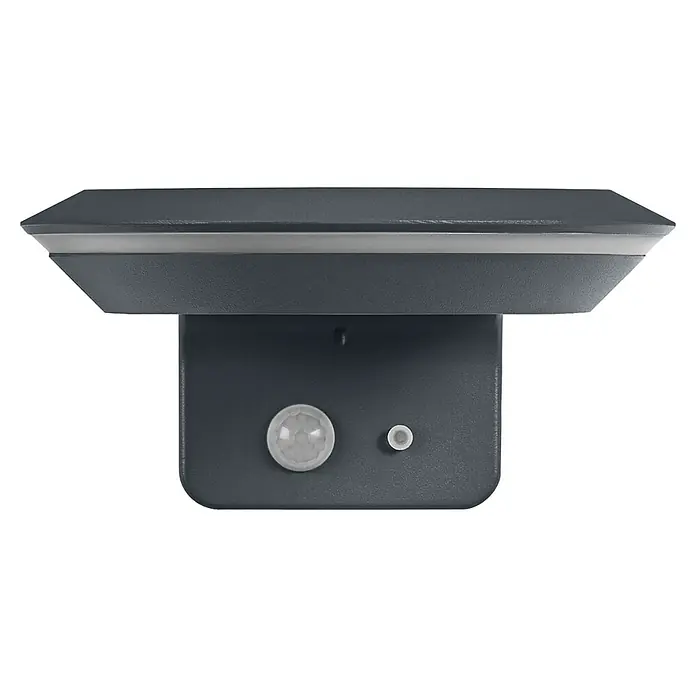 Ledvance Solar-Außenwandleuchte Endura Style Solar - 3,6 W, L x B x H: 16 x 17,7 x 8 cm, Dunkelgrau, IP44, 180 lm - Nahaufnahme einer grauen LED-Außenleuchte mit Bewegungsmelder und elegantem Design für den Außenbereich.
