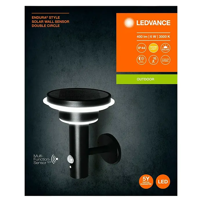 Ledvance Endura Sol Cirkle LED-Sensor-Außenwandleuchte - 6 W, L x B x H: 18,5 x 17,8 x 22 cm, Schwarz, Warmweiß - Bild einer LEDVANCE Solar-Wandleuchte im modernen Design mit Bewegungssensor und doppelter Lichtquelle für den Außenbereich.
